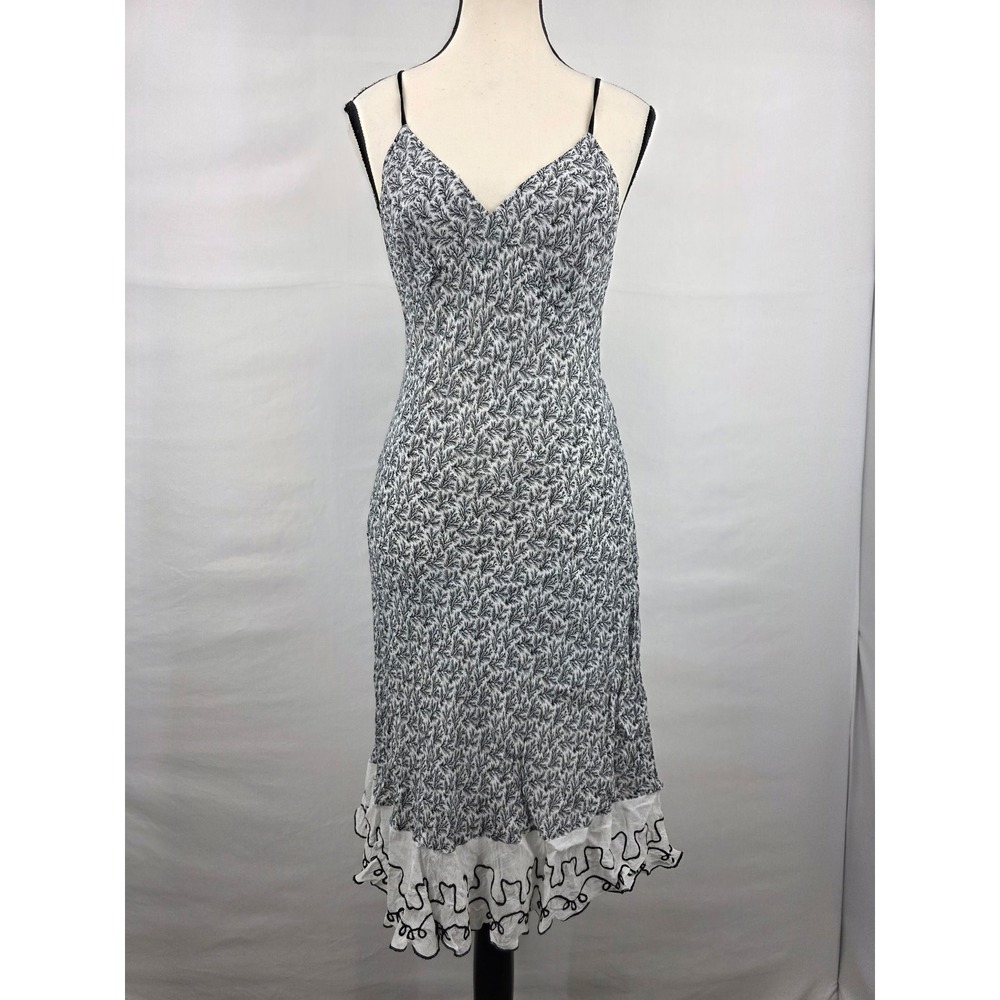 April Cornell Vintage Rayon Slip Dress Black White Pine Print Ruffle Hem Small